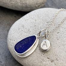 Load image into Gallery viewer, a . PENDANT . sea glass & initial pebble charm . cobalt blue
