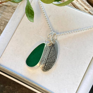 a. PENDANT . sea glass & leaf print charm
